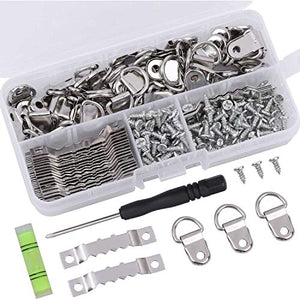 252 D Ring Picture Frame Hanger and Sawtooth Photo Hanging Hardware Set with Screws and Spirit Level Silver