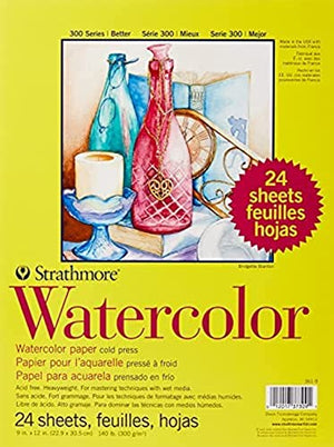 Strathmore 300 Series Watercolor Paper Pad, 9x12 inches, 24 Sheets (140lb/300g) - Artist Paper for Adults and Students - Watercolors, Mixed Media, Markers and Art Journaling