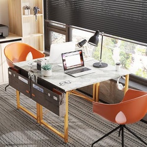 ODK 32 inch Small Computer Desk Study Table for Small Spaces Home Office Student Laptop PC Writing Desks with Storage Bag Headphone Hook, White Marble + Gold Leg