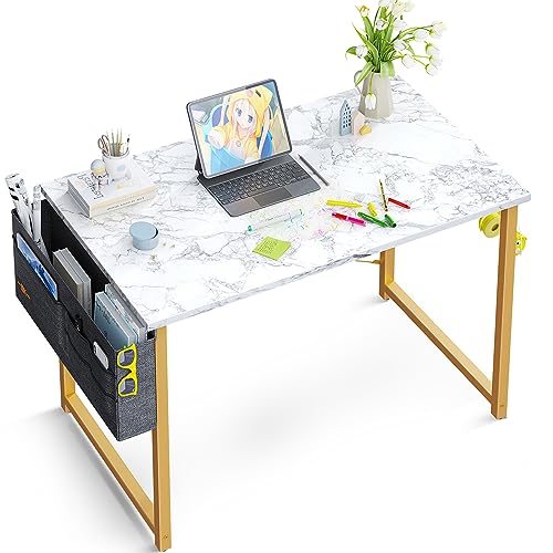 ODK 32 inch Small Computer Desk Study Table for Small Spaces Home Office Student Laptop PC Writing Desks with Storage Bag Headphone Hook, White Marble + Gold Leg