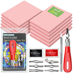 WAYCOM 10-Pack Linoleum Blocks for Printmaking with Cutter Tools, Rubber Stamp Making Kit Rubber Block Stamp Carving Blocks Craft Ink Pad Hobby Knife Pencil for DIY Printmaking,Printing and More