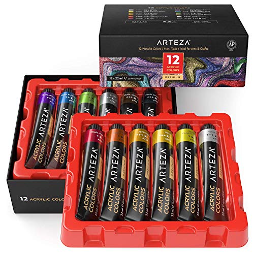 ARTEZA Metallic Acrylic Paint, Set of 12 Colors/Tubes (0.74 oz., 22 ml) with Storage Box, Rich Pigments, Non Fading, Non Toxic Paints for Artist & Hobby Painters, Ideal for Canvas Painting