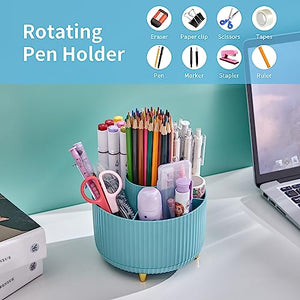 Marbrasse Desk Organizer, 360-Degree Rotating Pen Holder for Desk, Desk Organizers and Accessories with 5 Compartments Pencil Organizer, Art Supply Storage Box Caddy for Office, Home （Light Blue）