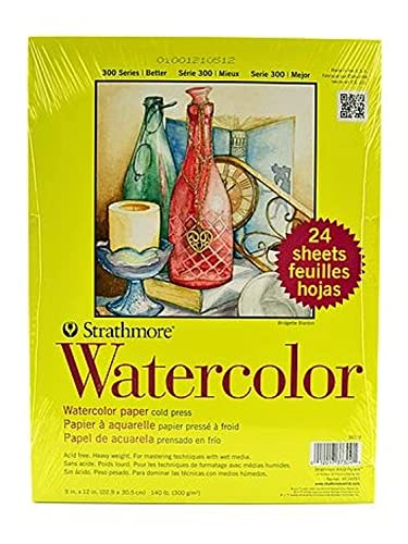 Strathmore 300 Series Watercolor Paper Pad, 9x12 inches, 24 Sheets (140lb/300g) - Artist Paper for Adults and Students - Watercolors, Mixed Media, Markers and Art Journaling
