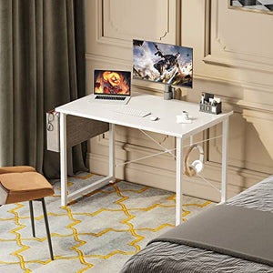 ODK 32 inch Small Computer Desk Study Table for Small Spaces Home Office Student Laptop PC Writing Desks with Storage Bag Headphone Hook, White + White Leg