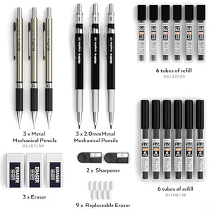 Nicpro 6PCS Art Mechanical Pencils Set, 3 PCS Metal Drafting Pencil 0.5 mm & 0.7 mm & 0.9 mm & 3 PCS 2mm Graphite Lead Holder (2B HB 2H) For Writing, Sketching Drawing With 12 Tube Lead Refills Case