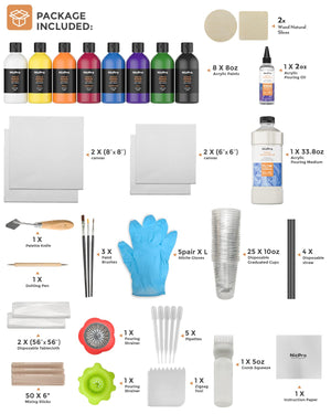 Nicpro Large Volume Acrylic Pouring Kit, Art Starter Supplies with 8 Colors 8.45 oz Acrylic Paints, Pouring Medium, Silicone Oil, Canvases, Cups, Sticks, Tools Gloves, Strainers for Flow DIY Painting