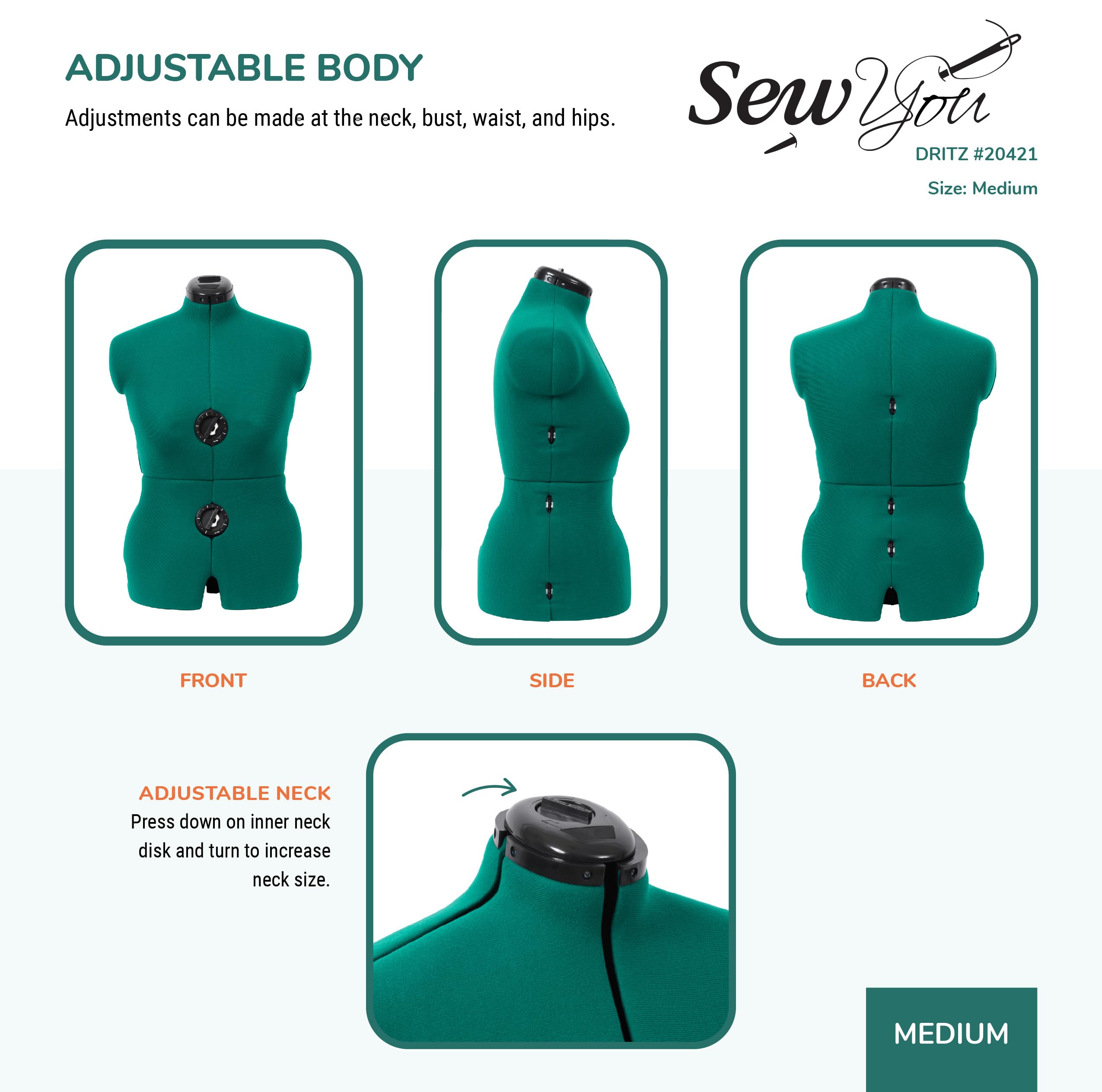 Dritz Sew You Adjustable Dress Form, Medium, Opal Green