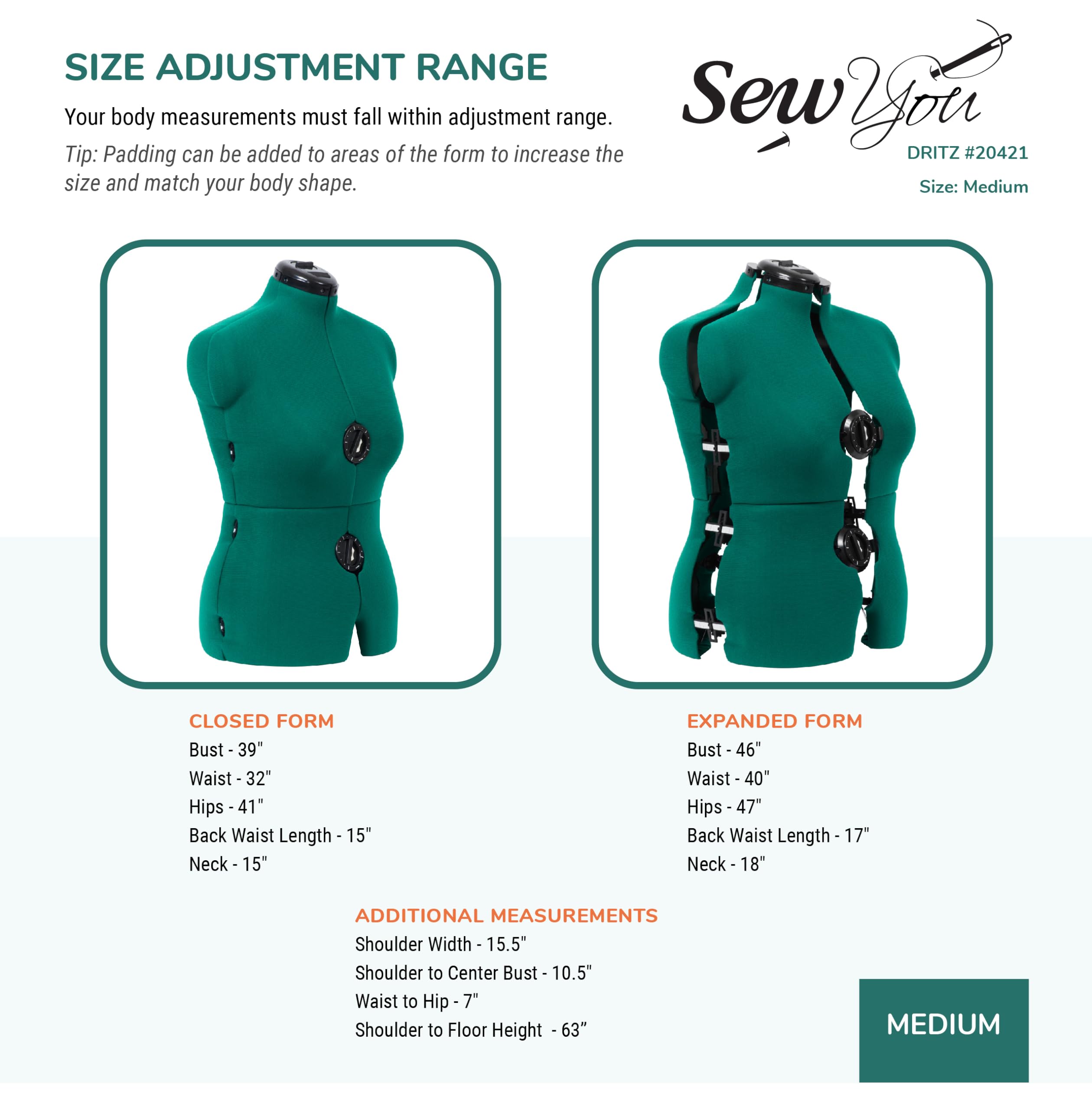 Dritz Sew You Adjustable Dress Form, Medium, Opal Green