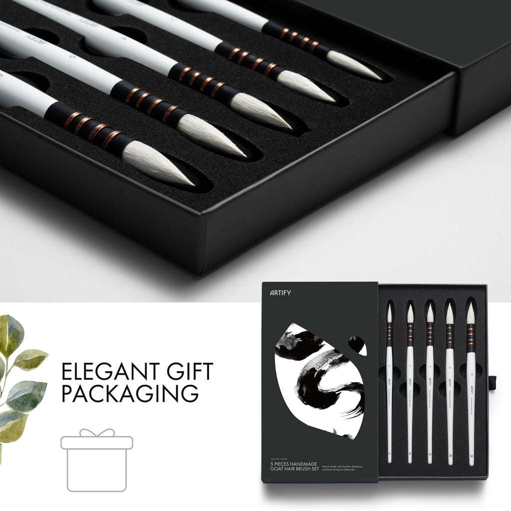 ARTIFY 5PCS Professional Natural Goat Hair Quill Watercolor Brushes
