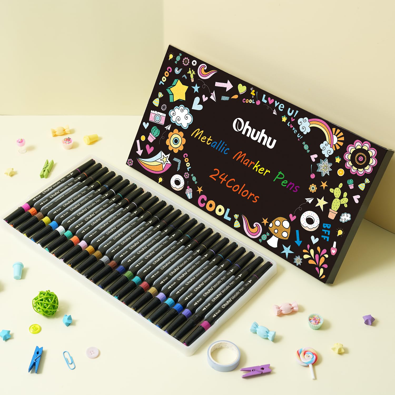 Ohuhu Metallic Marker Pens Dual Tips Brush Fine Point 24 Colors Water-based Paint Shimmer Markers for Black Paper Glass Rock Card Making Scrapbook Crafts Easter Egg Halloween Pumpkin Ceramics DIY