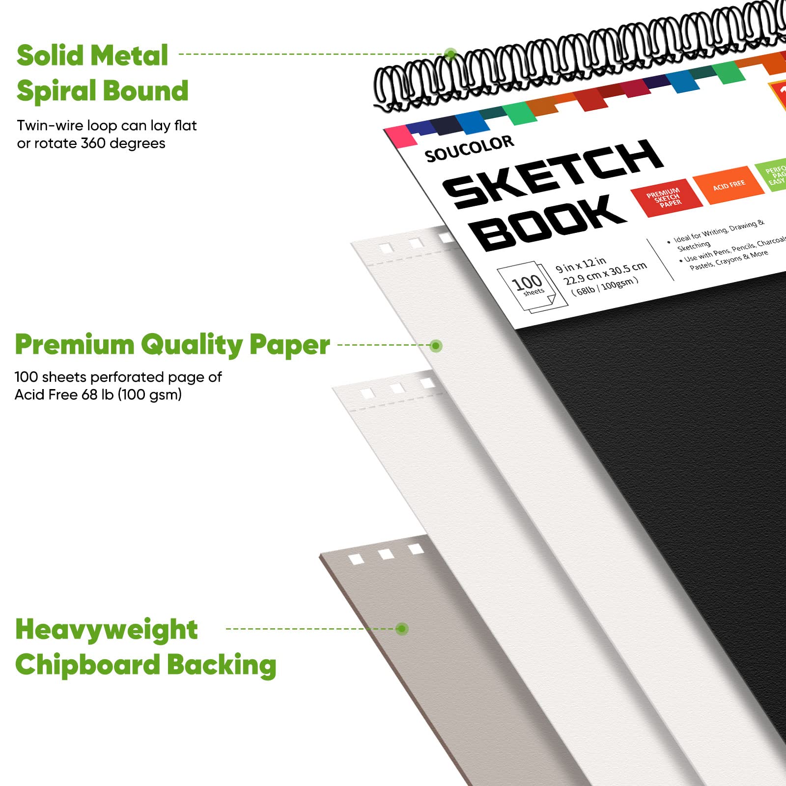 Soucolor 9" x 12" Sketch Book, 1-Pack 100 Sheets Spiral Bound Art Sketchbook
