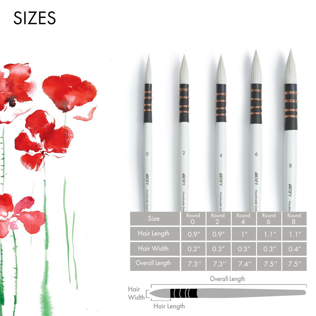 ARTIFY 5PCS Professional Natural Goat Hair Quill Watercolor Brushes