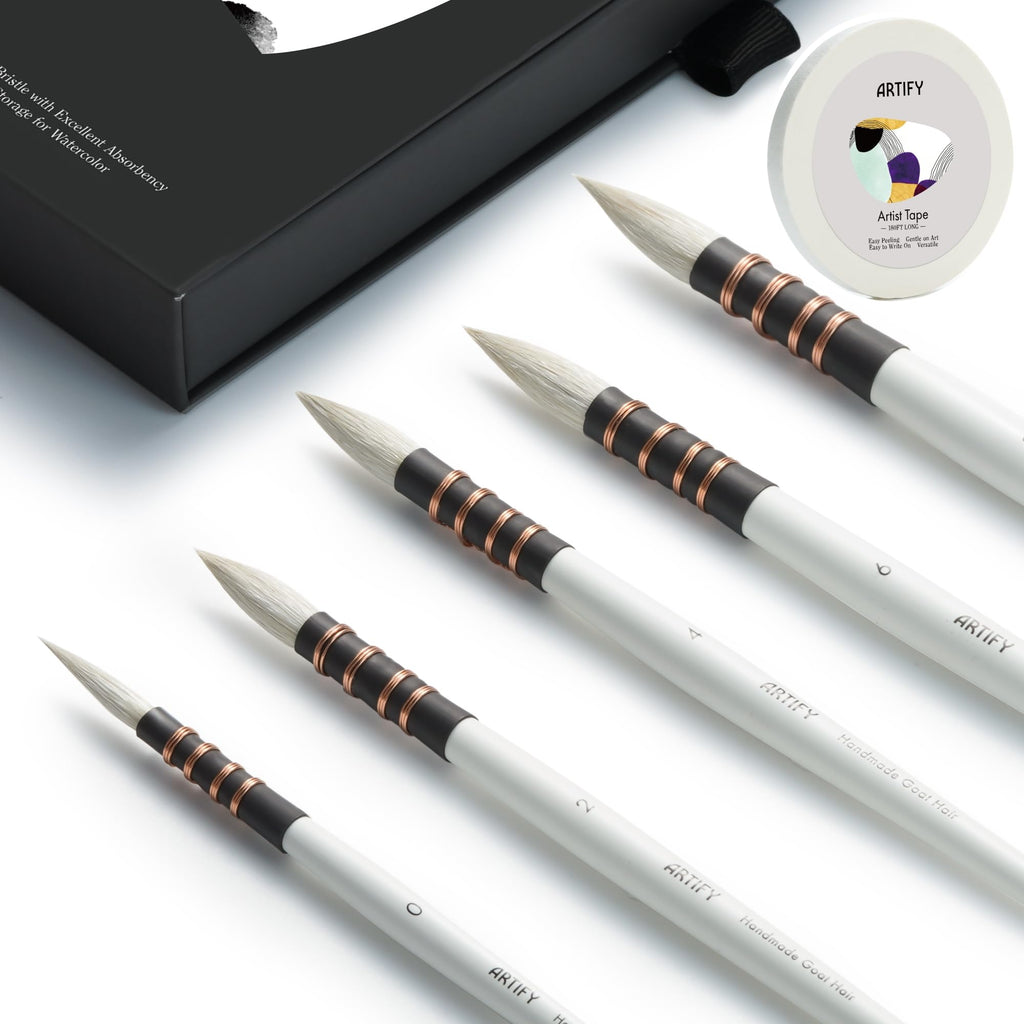 ARTIFY 5PCS Professional Natural Goat Hair Quill Watercolor Brushes