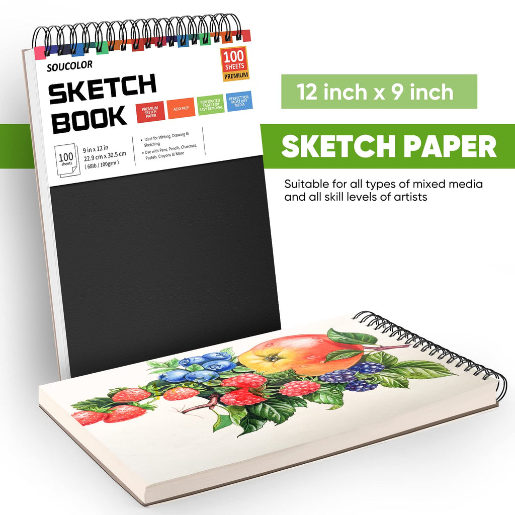 Soucolor 9" x 12" Sketch Book, 1-Pack 100 Sheets Spiral Bound Art Sketchbook