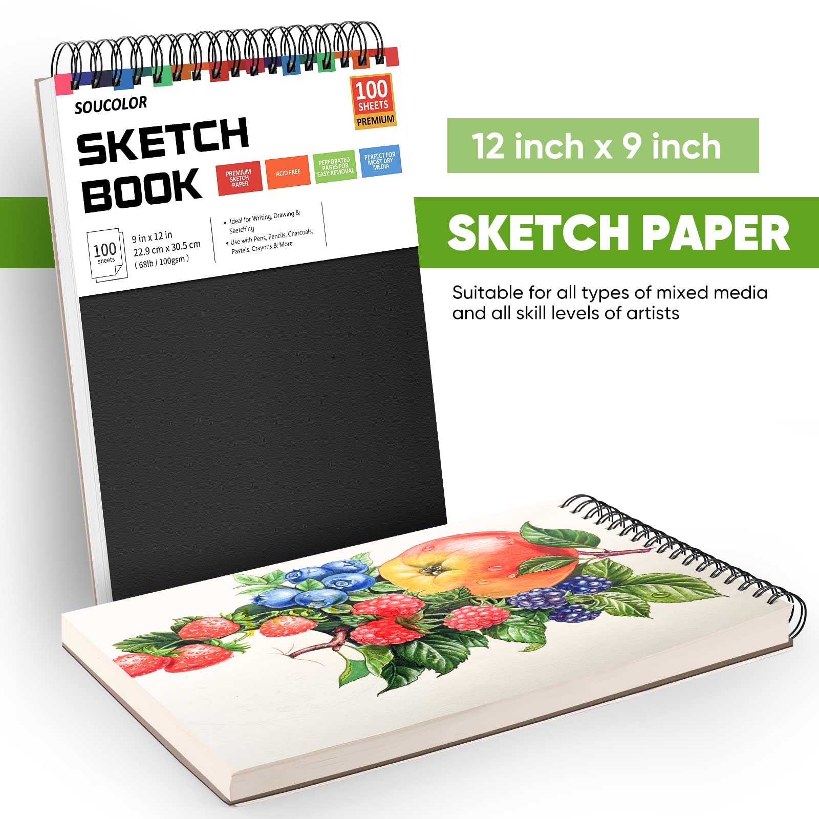 Soucolor 9" x 12" Sketch Book, 1-Pack 100 Sheets Spiral Bound Art Sketchbook