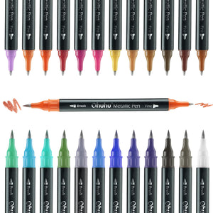 Ohuhu Metallic Marker Pens Dual Tips Brush Fine Point 24 Colors Water-based Paint Shimmer Markers for Black Paper Glass Rock Card Making Scrapbook Crafts Easter Egg Halloween Pumpkin Ceramics DIY