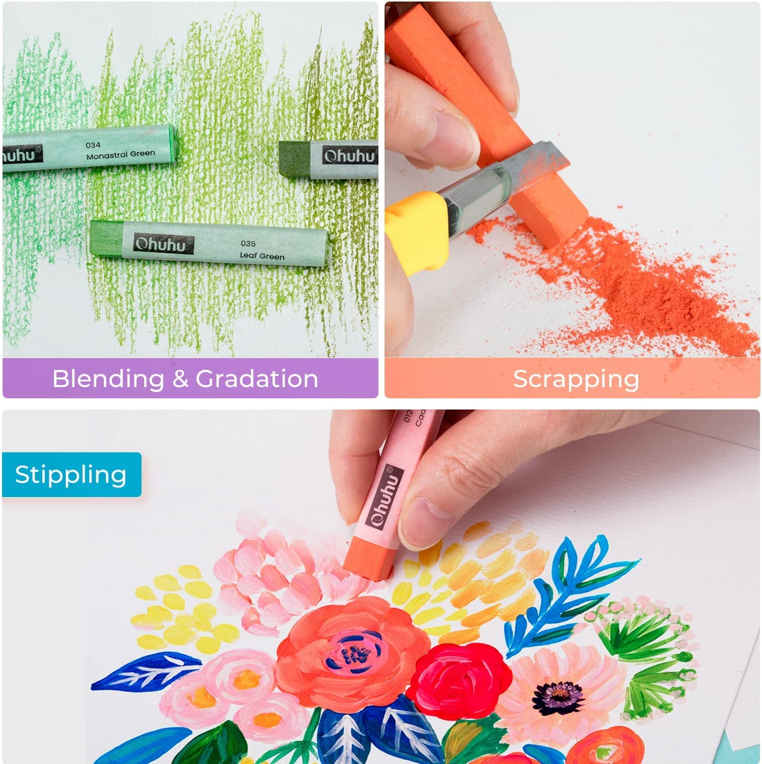 Ohuhu 72 Long Chalk Pastels Set: 72 Soft Pastels For Artists Including 4 Fluorescent Colors With 6 Pastel Papers for Drawing Blending Layering Shading Pastels Art Supplies for Adults Kids Beginners