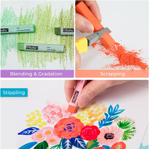 Ohuhu 72 Long Chalk Pastels Set: 72 Soft Pastels For Artists Including 4 Fluorescent Colors With 6 Pastel Papers for Drawing Blending Layering Shading Pastels Art Supplies for Adults Kids Beginners