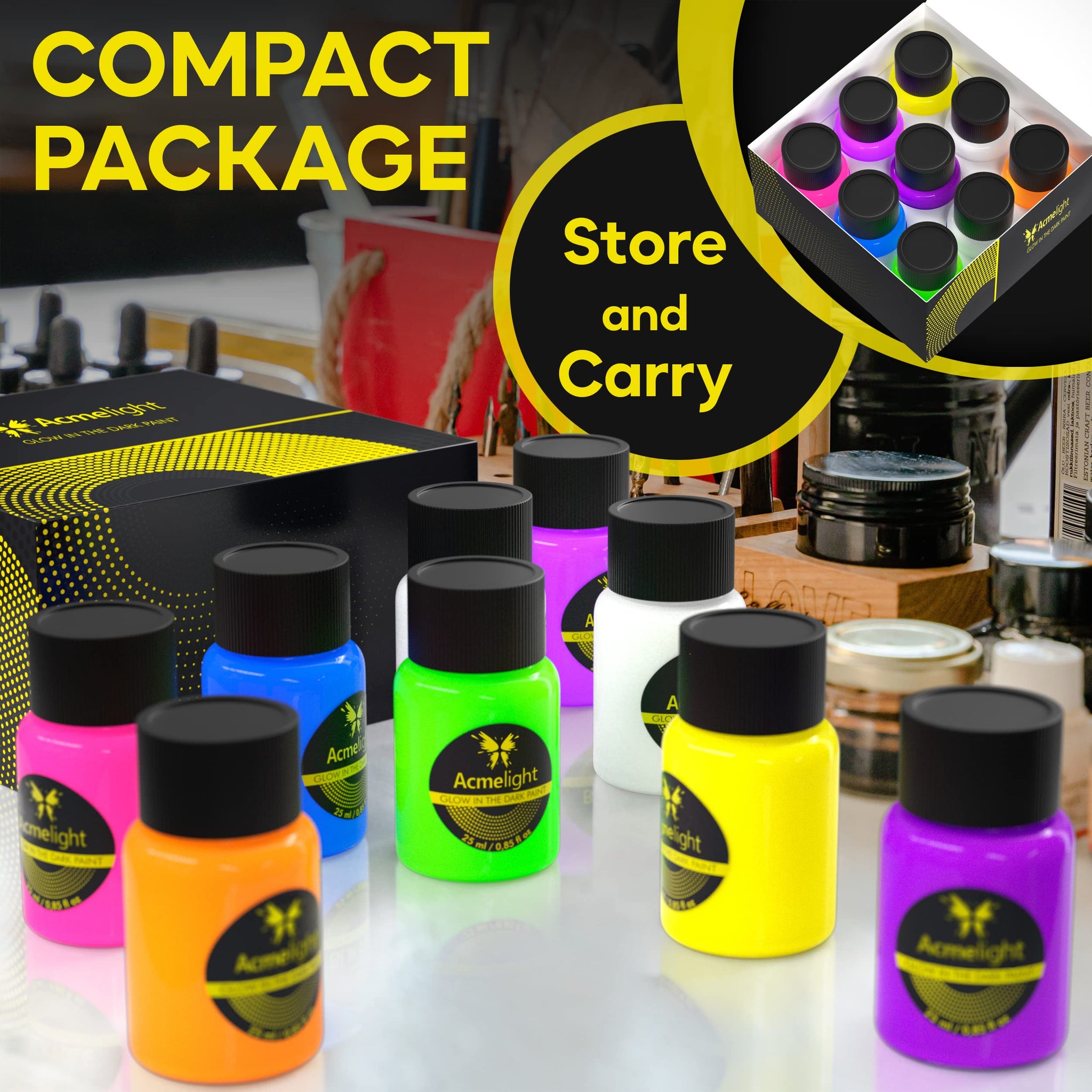 Glow in the Dark Acrylic Paint - Fluorescent Paint for Canvas - Neon Party Decoration - Blacklight Paint Set – Art Supplies for Adults, Kids - Craft Gift for Artists