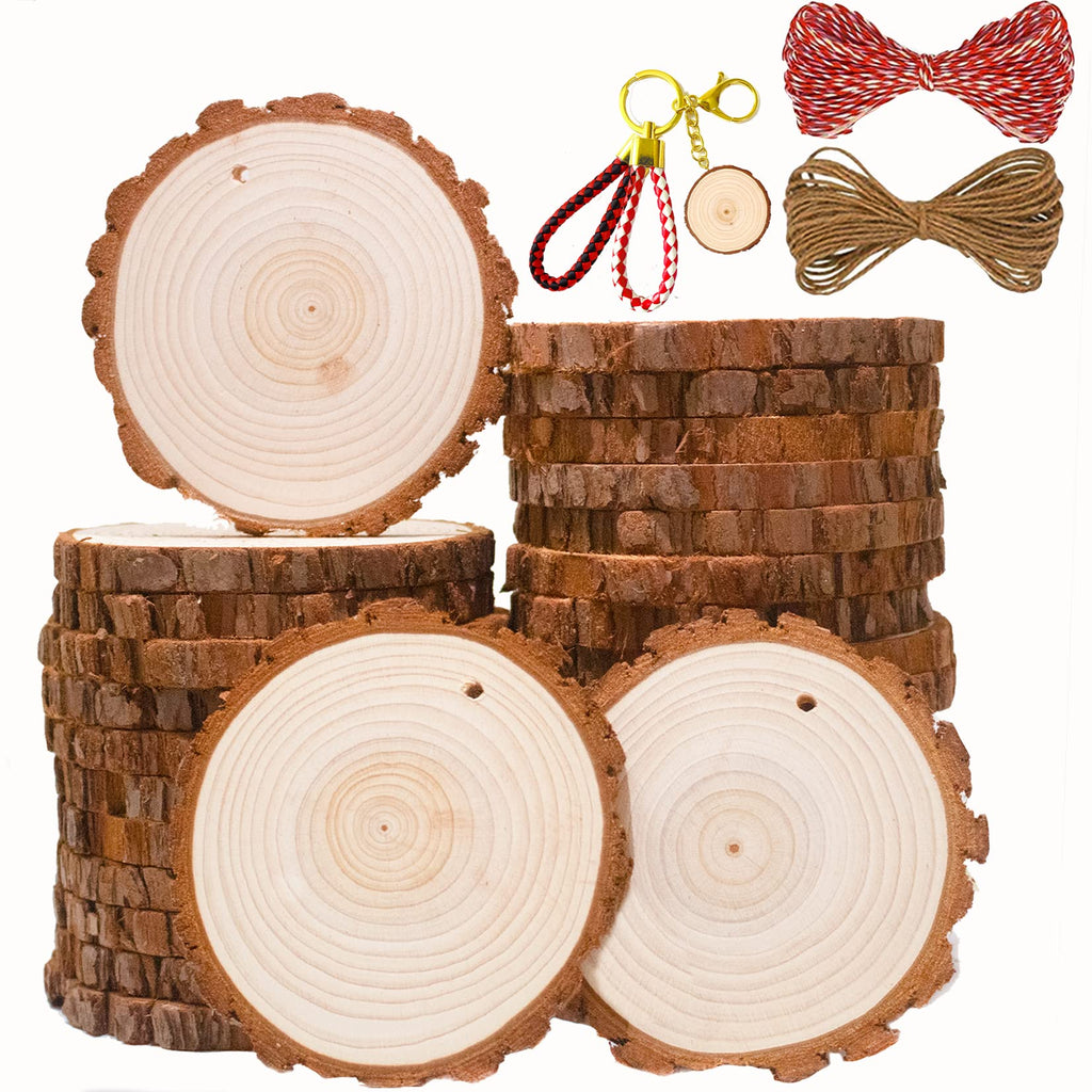 SENMUT Wood Slices 30 Pcs 3.1-3.6inch Natural Rounds Unfinished Wooden Circles Christmas Wood Ornaments for Crafts Wood Kit Predrilled with Hole Wood Coasters, Craft Supplies for DIY and Painting
