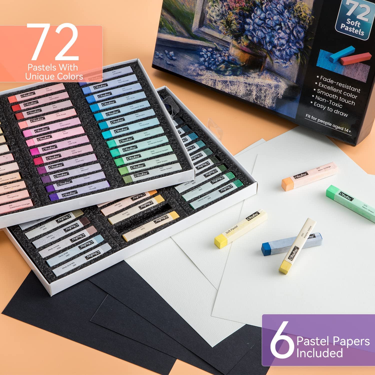Ohuhu 72 Long Chalk Pastels Set: 72 Soft Pastels For Artists Including 4 Fluorescent Colors With 6 Pastel Papers for Drawing Blending Layering Shading Pastels Art Supplies for Adults Kids Beginners