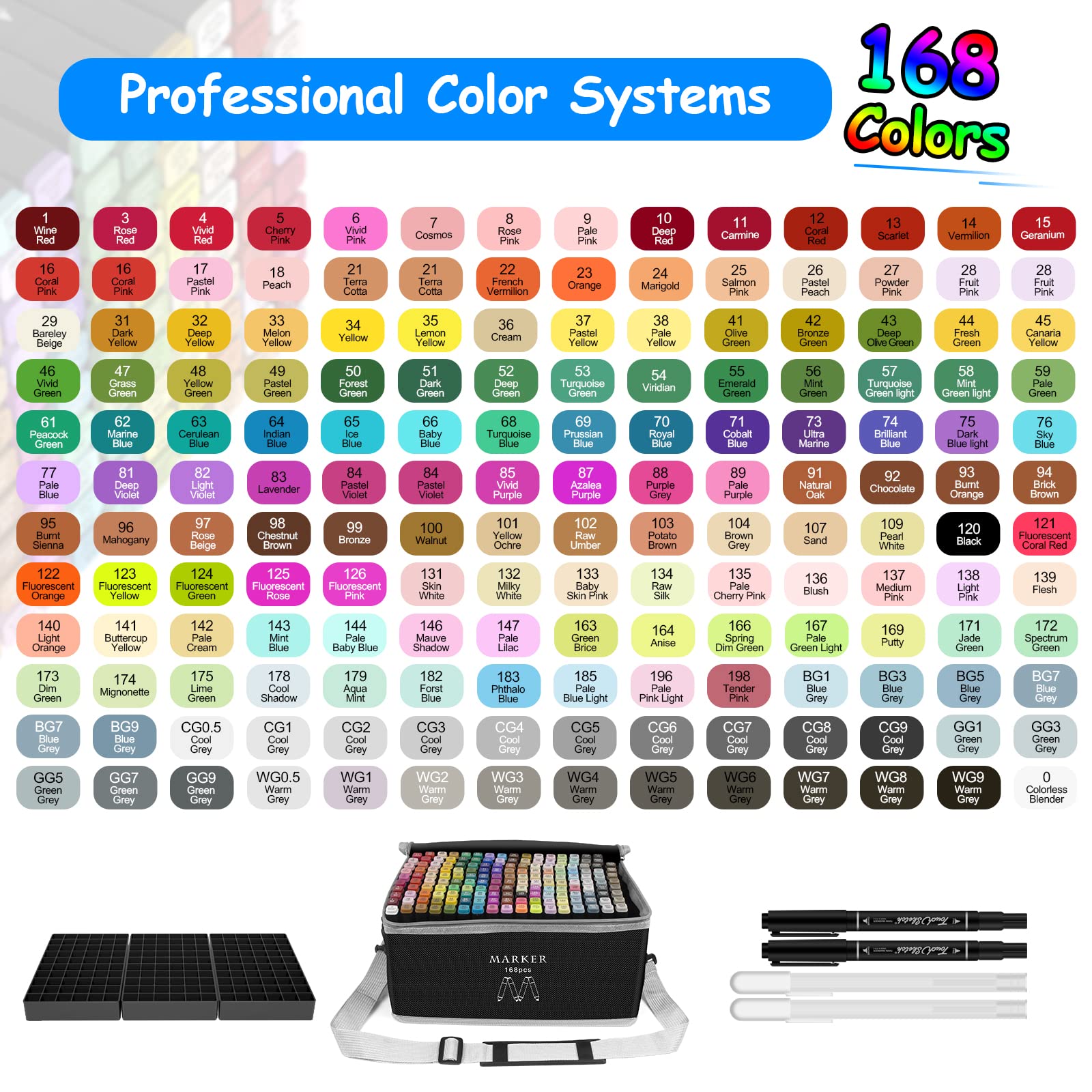 168 Colors Alcohol Markers Set, Dual Tip Fine & Chisel Professional Art Markers with Case,Color Card and Highligher Pen for Artists Kids Adult Coloring, Drawing, Sketching, Outlining,Designing 1