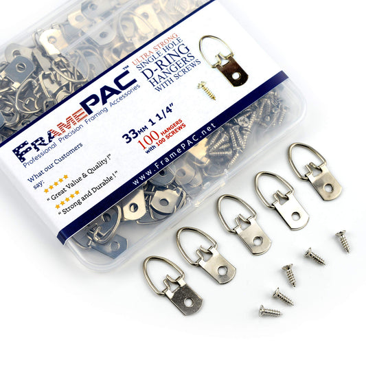 FramePac D-Ring Single Hole Picture Hangers with Screws [100 Pack]
