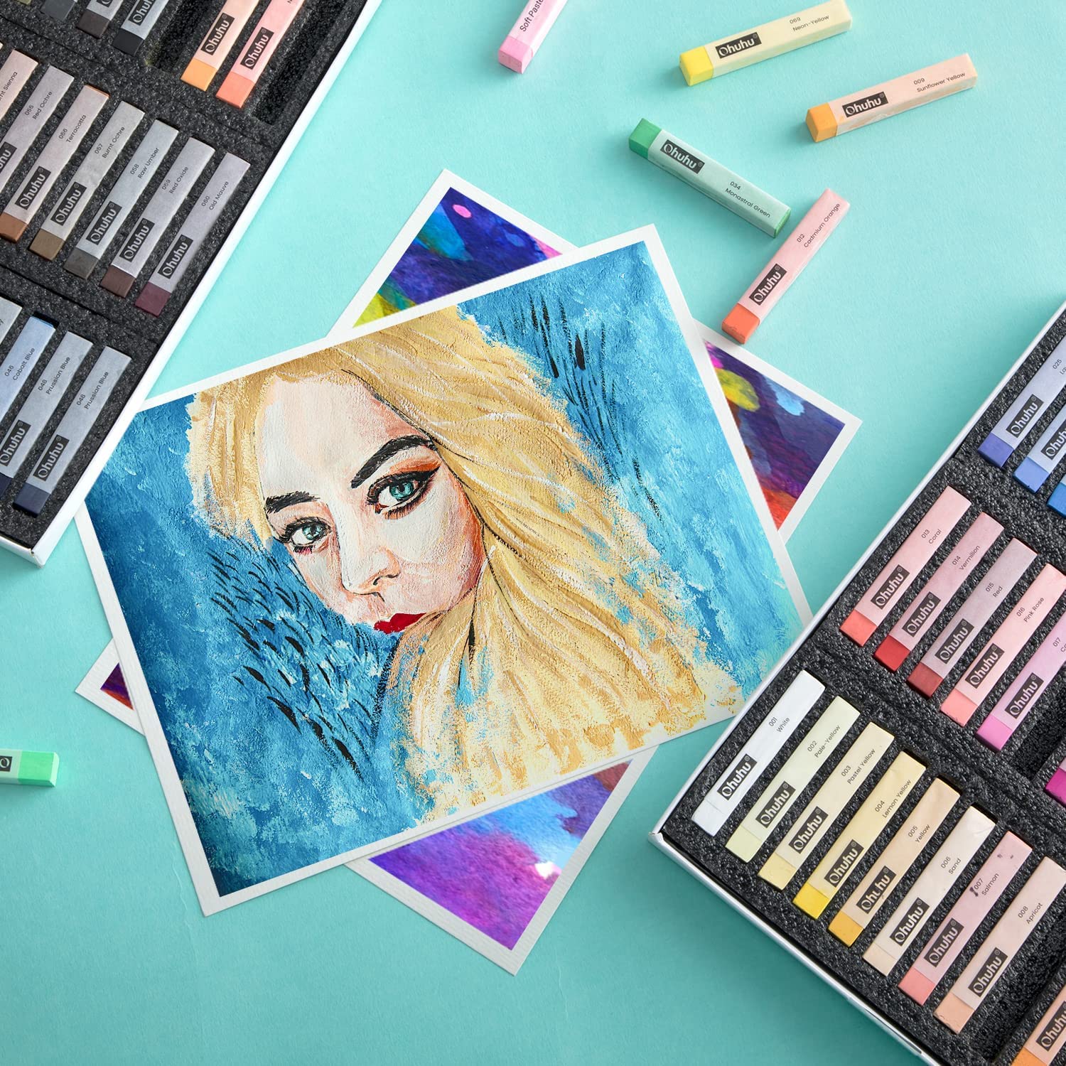 Ohuhu 72 Long Chalk Pastels Set: 72 Soft Pastels For Artists Including 4 Fluorescent Colors With 6 Pastel Papers for Drawing Blending Layering Shading Pastels Art Supplies for Adults Kids Beginners