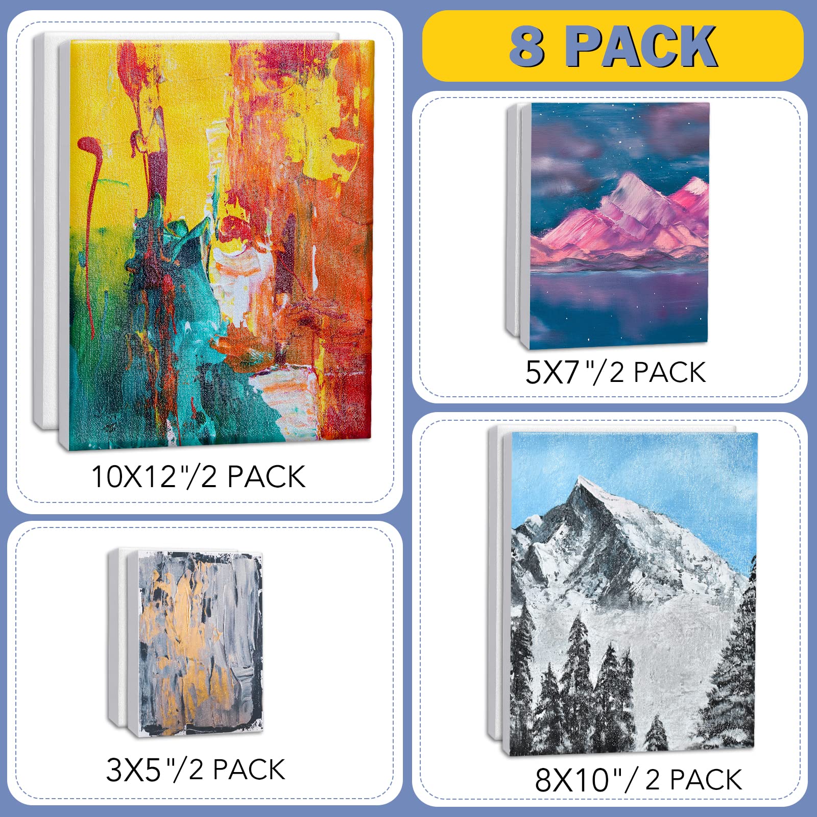 Stretched Canvases for Painting, 8PCS Multi Pack Canvas 3×5”, 5×7”, 8×10”, 10×12”(2 of Each), Acid-Free Wood Frame Blank Canvas, Art Canvas Pre Primed for Acrylic, Oil Painting, Tempera Paintings.