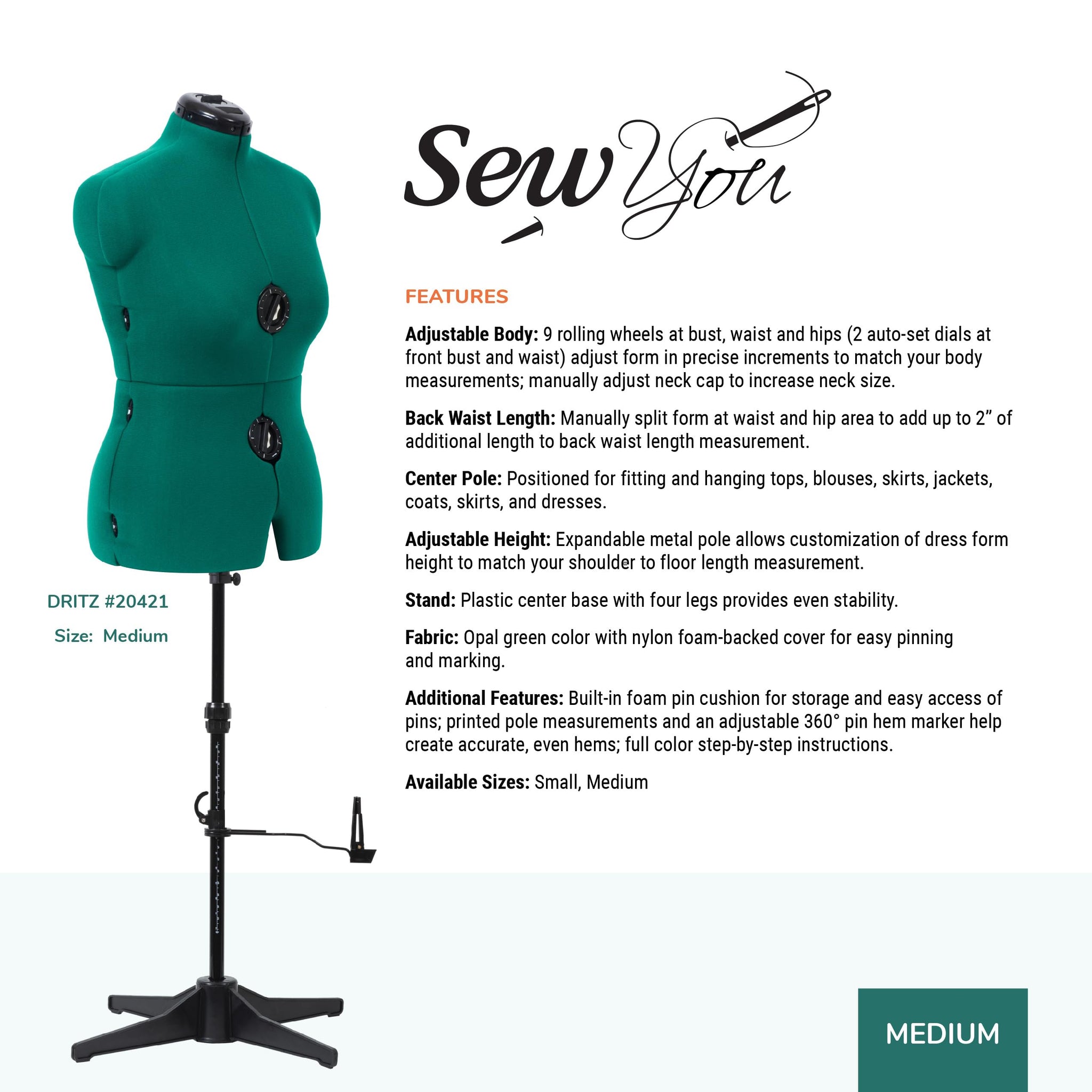 Dritz Sew You Adjustable Dress Form, Medium, Opal Green