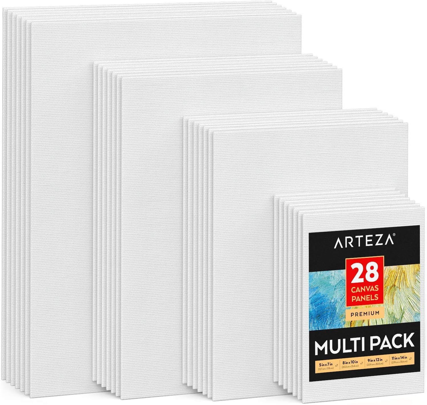 ARTEZA Canvases for Painting, Multipack of 28, 5 x 7, 8 x 10, 9 x 12, 11 x 14 Inches, Canvas Boards, 100% Cotton Primed Blank Paint Canvas, Art Canvas for Acrylic, Oil and Gouache Painting