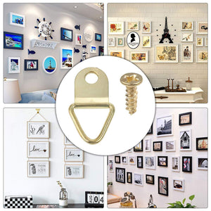 FIOTOK 100Pack Small Triangle D-Ring Picture Frame Hangers Single Hole with Screws for Hanging Paintings Artwork Picture Frame Hook Photos, Wall Mounting Home Decoration Hanging(Golden)
